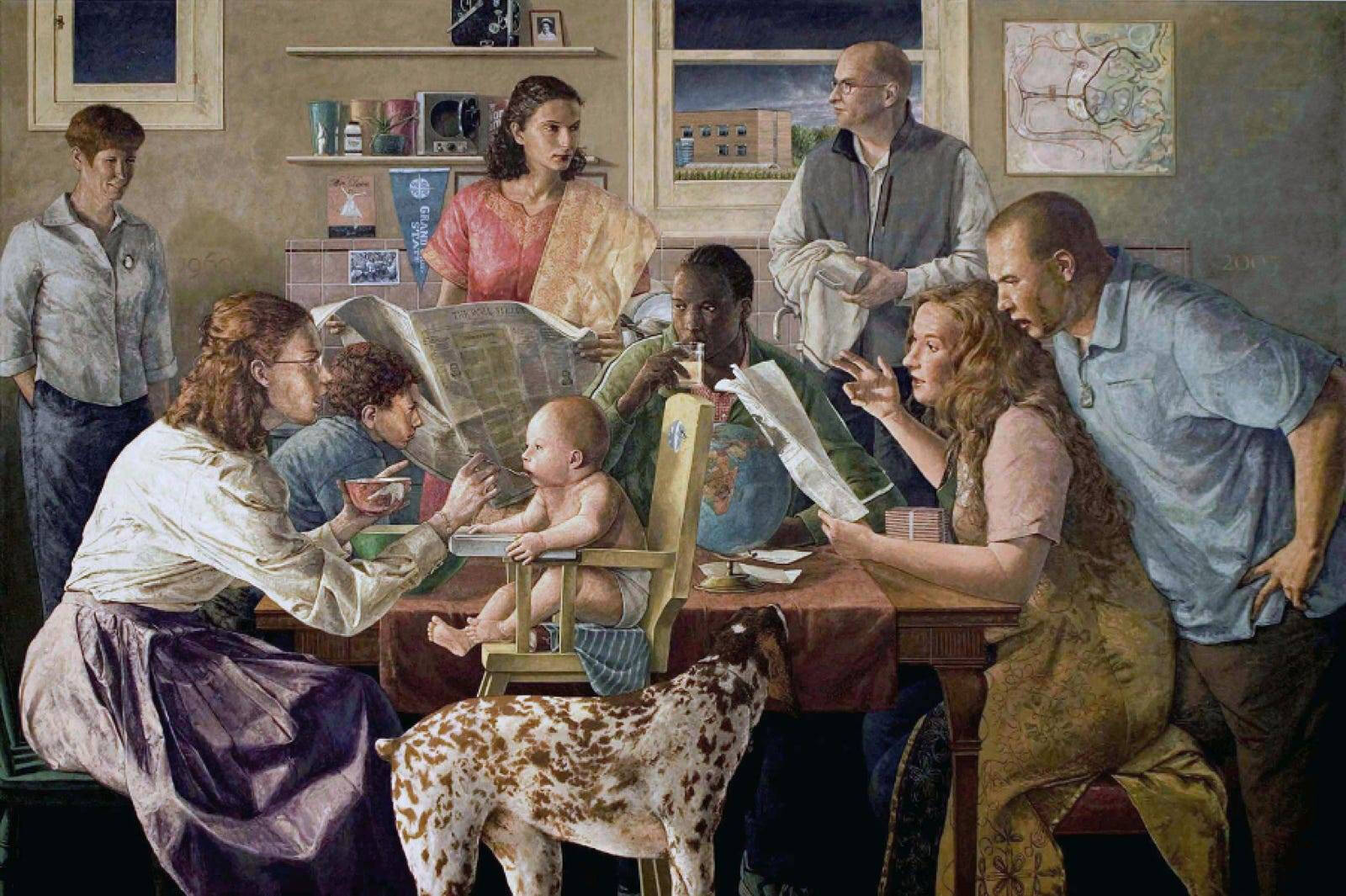 Large painting with many figures seated around a kitchen table - woman feeding her baby, man washing a coffee mug, woman reading newspaper with man behind her who is mad, plus many others, and other symbolic objects.